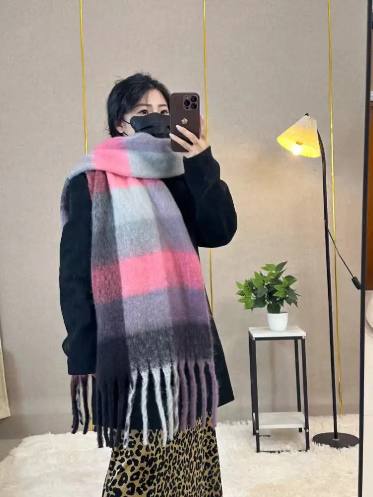 Warm Rainbow Plaid Waxy Mohair Scarf for Women - Image 44