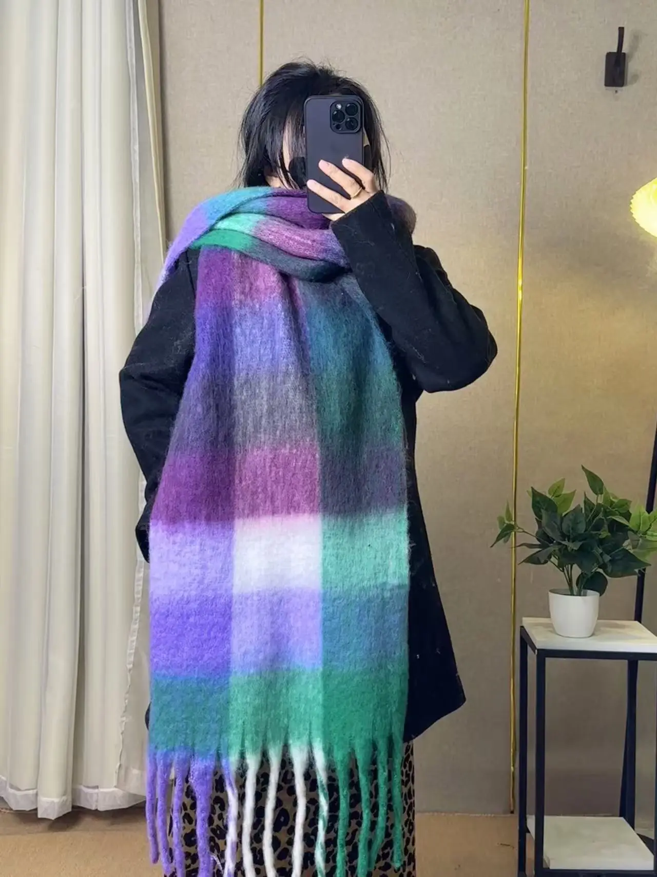 Warm Rainbow Plaid Waxy Mohair Scarf for Women - Image 45