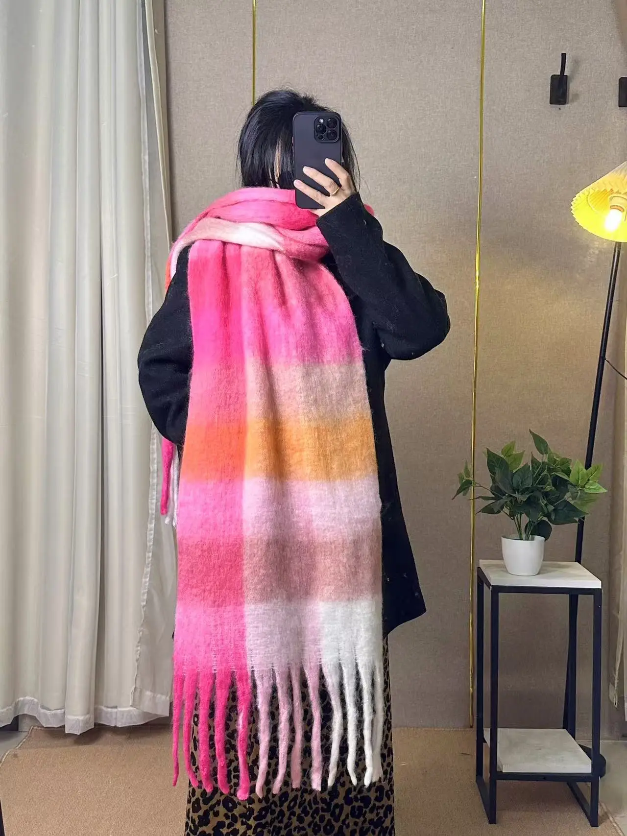 Warm Rainbow Plaid Waxy Mohair Scarf for Women - Image 46