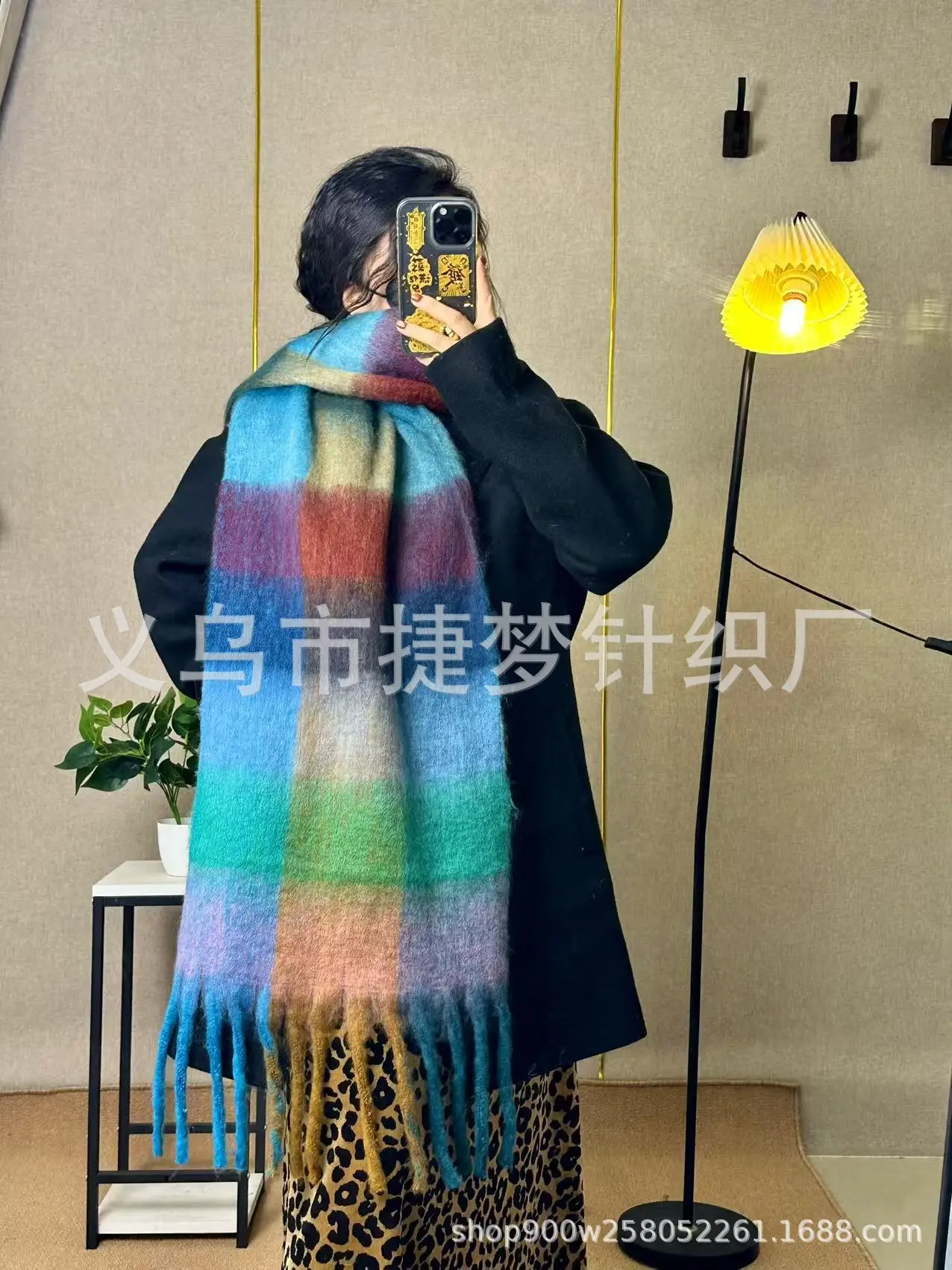 Warm Rainbow Plaid Waxy Mohair Scarf for Women - Image 47