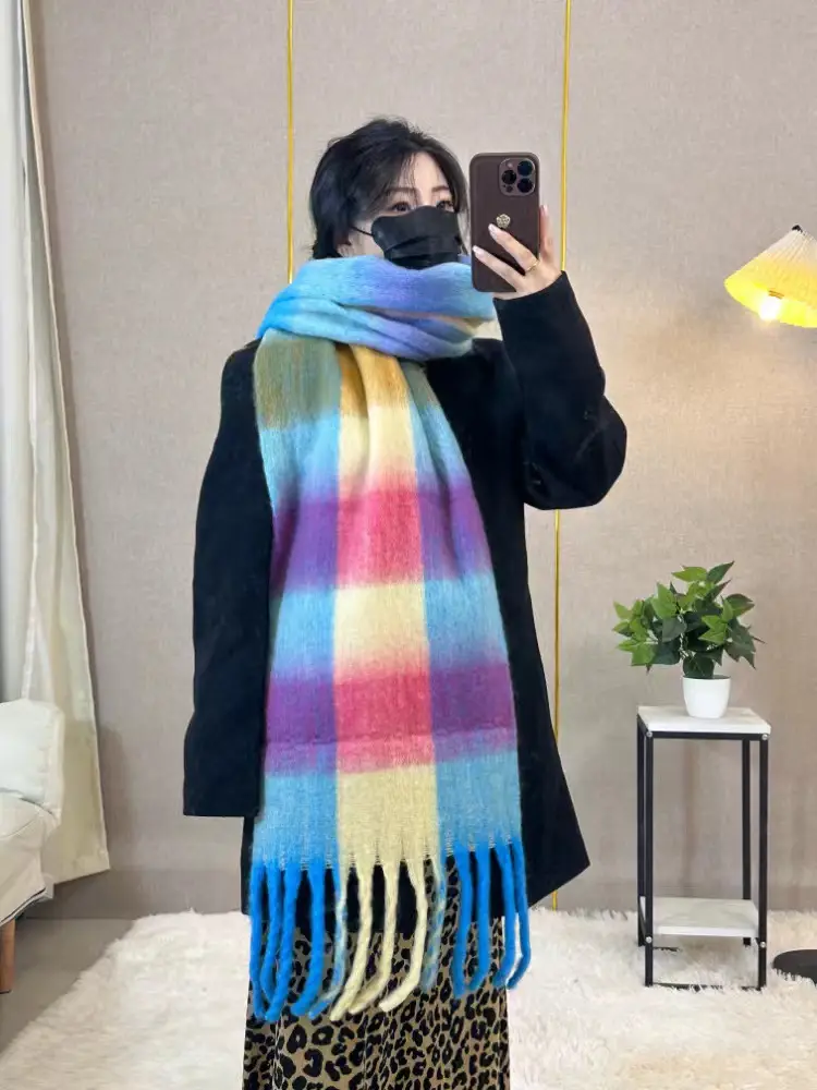 Warm Rainbow Plaid Waxy Mohair Scarf for Women - Image 48