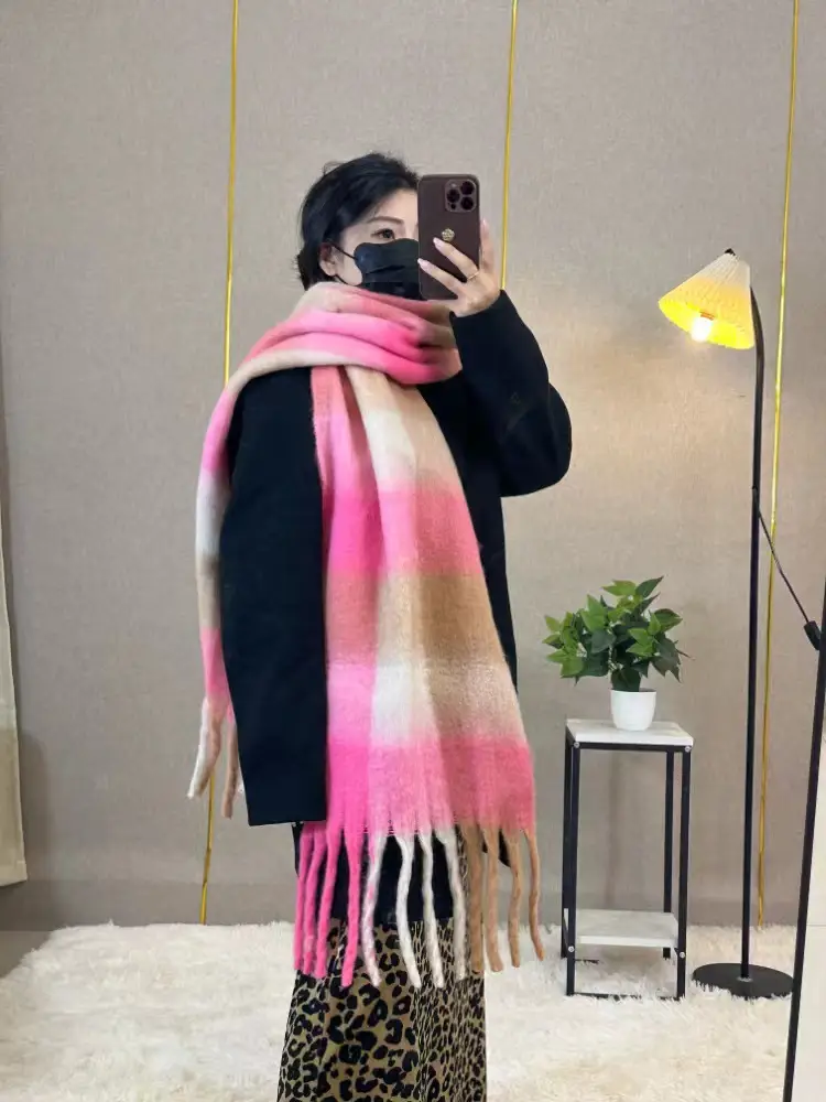 Warm Rainbow Plaid Waxy Mohair Scarf for Women - Image 49