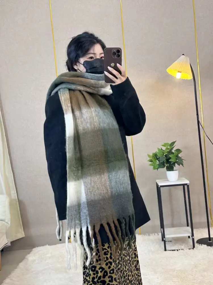 Warm Rainbow Plaid Waxy Mohair Scarf for Women - Image 5