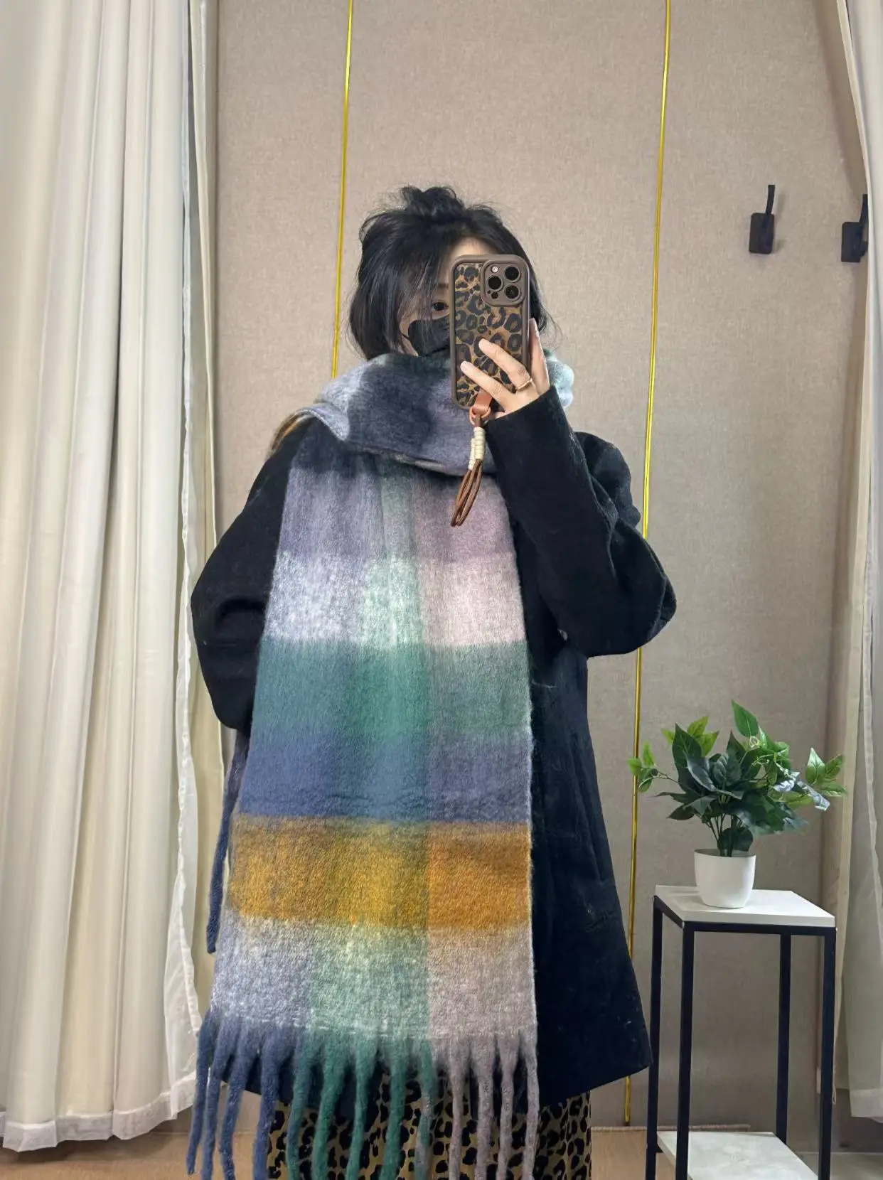 Warm Rainbow Plaid Waxy Mohair Scarf for Women - Image 51