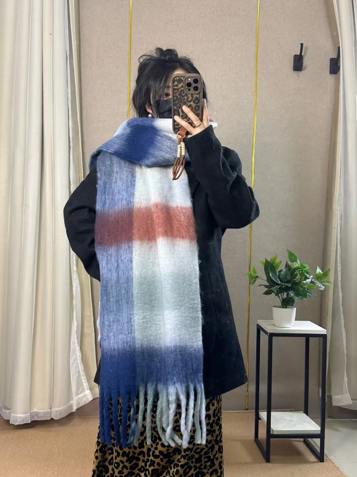 Warm Rainbow Plaid Waxy Mohair Scarf for Women - Image 52