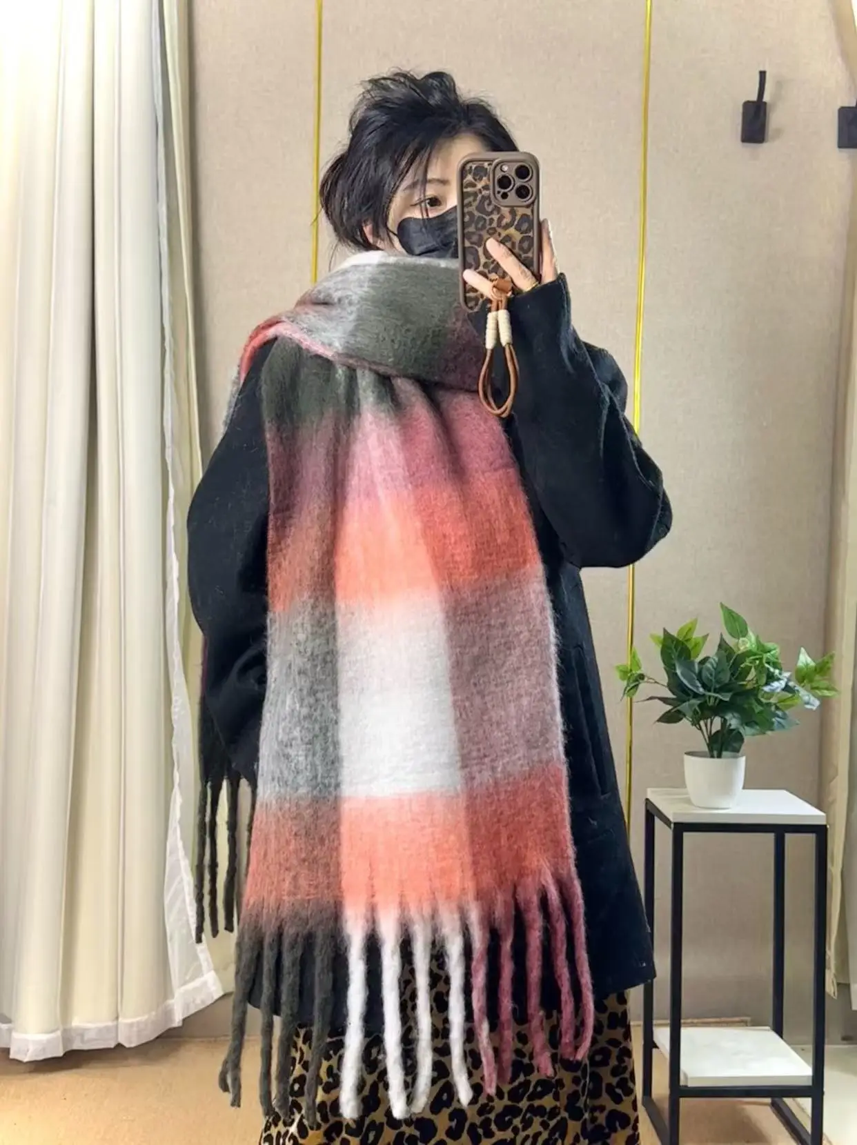Warm Rainbow Plaid Waxy Mohair Scarf for Women - Image 53
