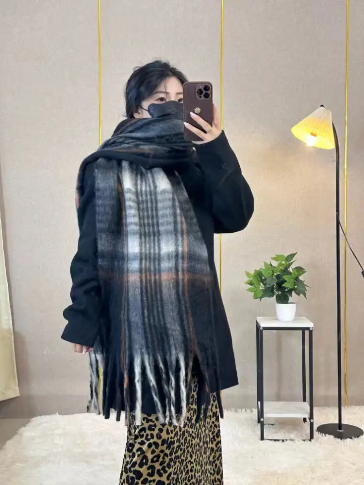 Warm Rainbow Plaid Waxy Mohair Scarf for Women - Image 54