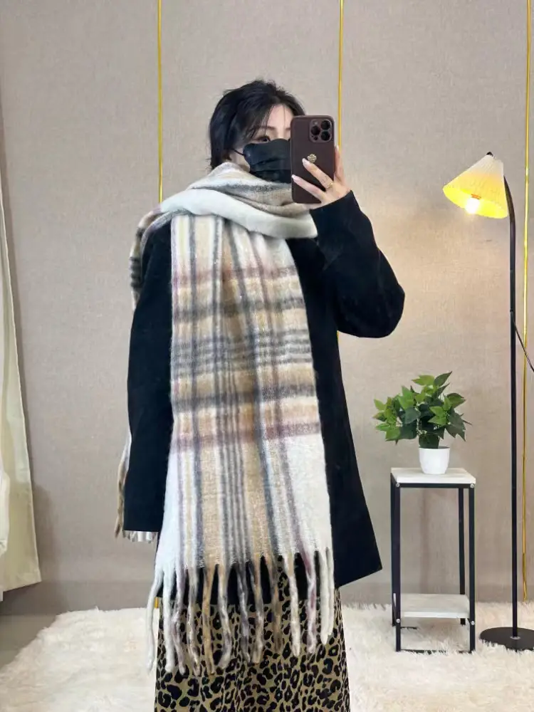 Warm Rainbow Plaid Waxy Mohair Scarf for Women - Image 55
