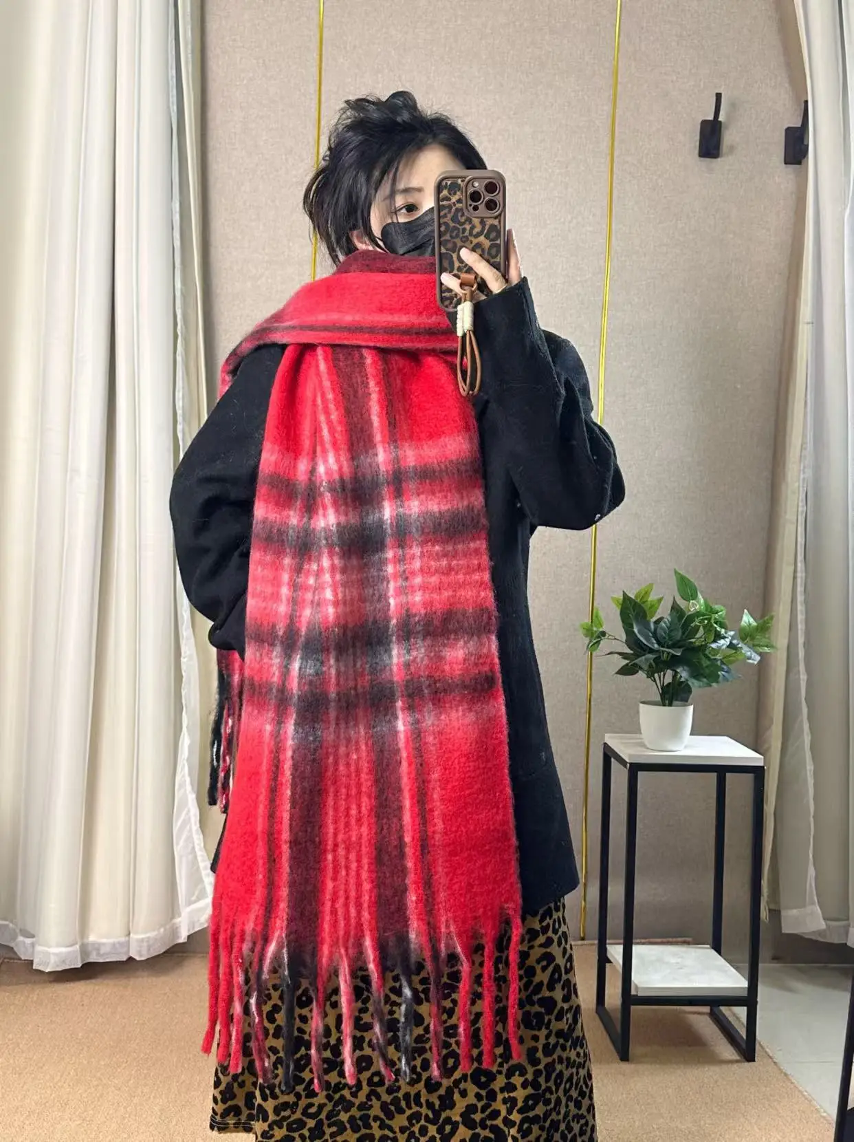 Warm Rainbow Plaid Waxy Mohair Scarf for Women - Image 56