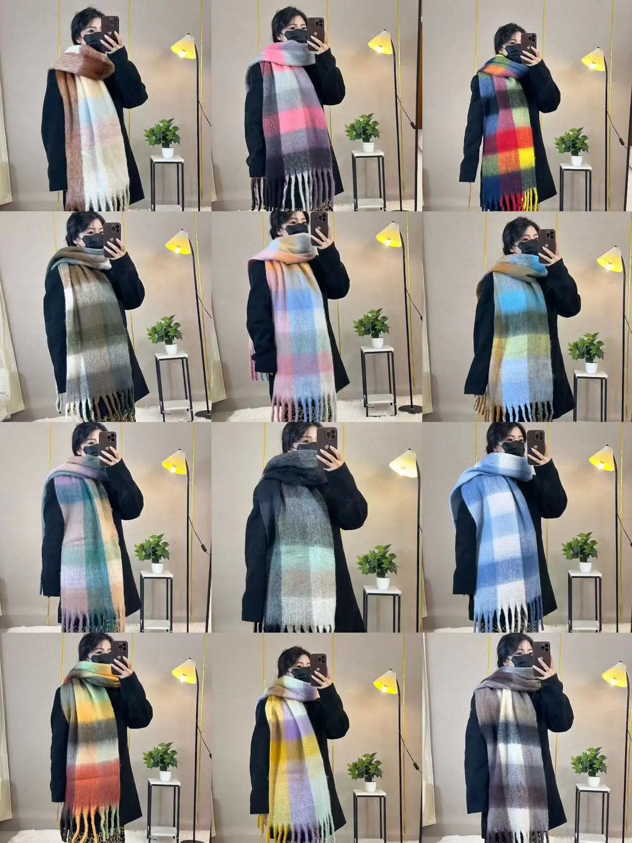 Warm Rainbow Plaid Waxy Mohair Scarf for Women - Image 57
