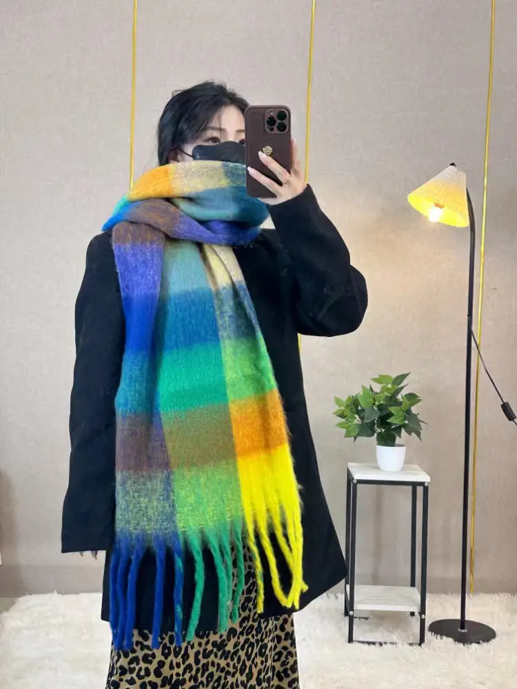 Warm Rainbow Plaid Waxy Mohair Scarf for Women - Image 6