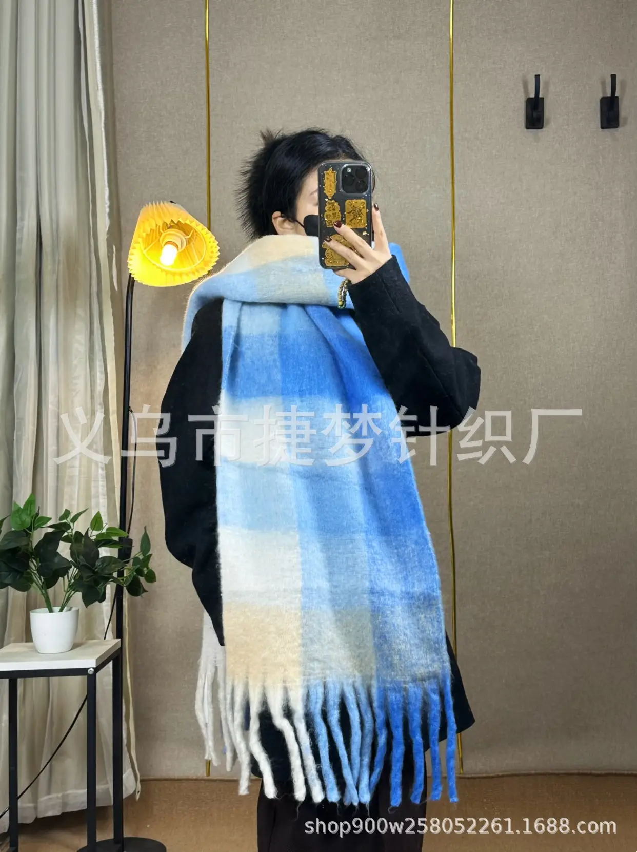 Warm Rainbow Plaid Waxy Mohair Scarf for Women - Image 7