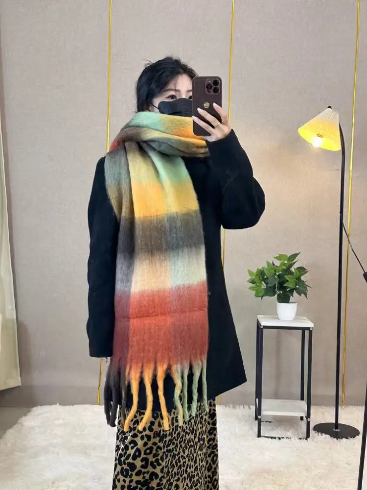 Warm Rainbow Plaid Waxy Mohair Scarf for Women - Image 8