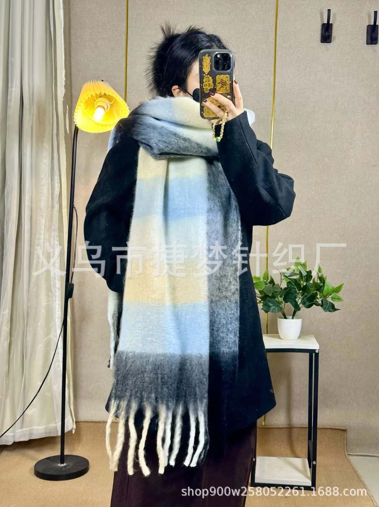 Warm Rainbow Plaid Waxy Mohair Scarf for Women - Image 9