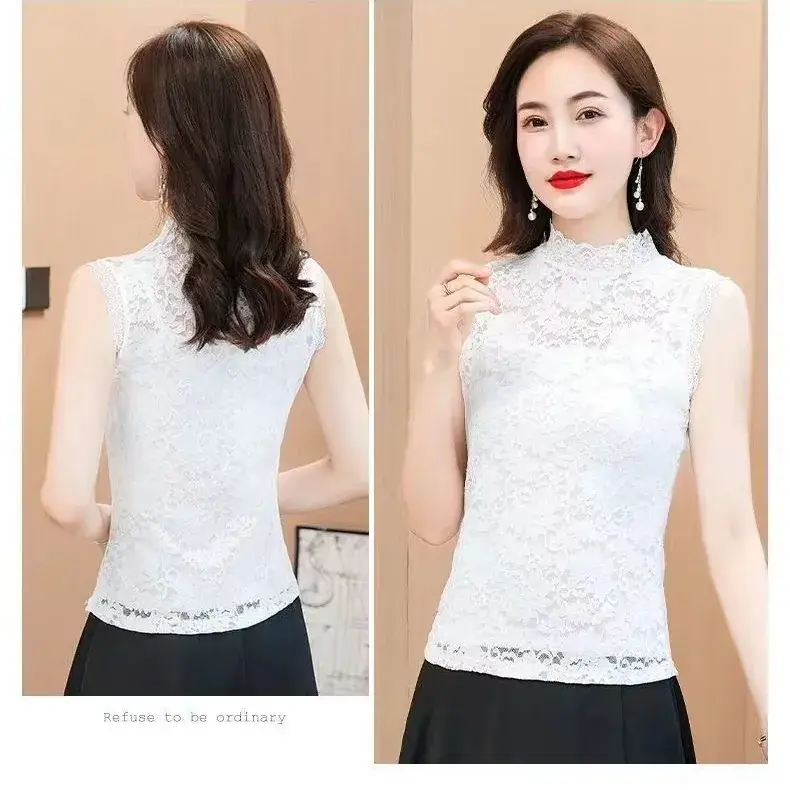 White Lace Half-High Collar Top for Women - Image 3
