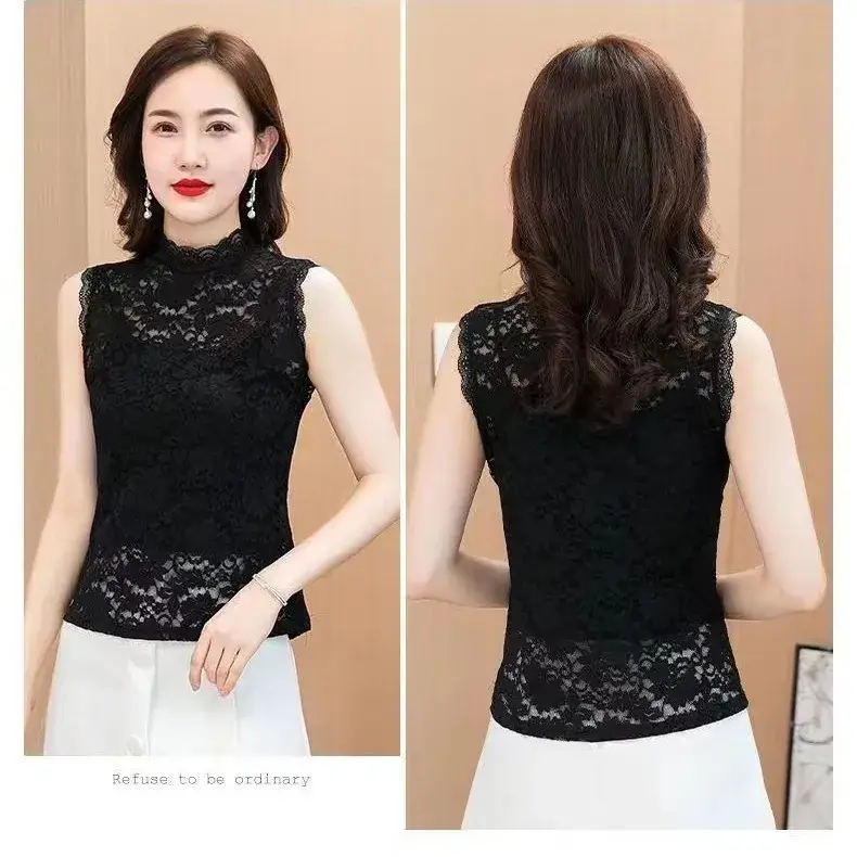 White Lace Half-High Collar Top for Women - Image 4
