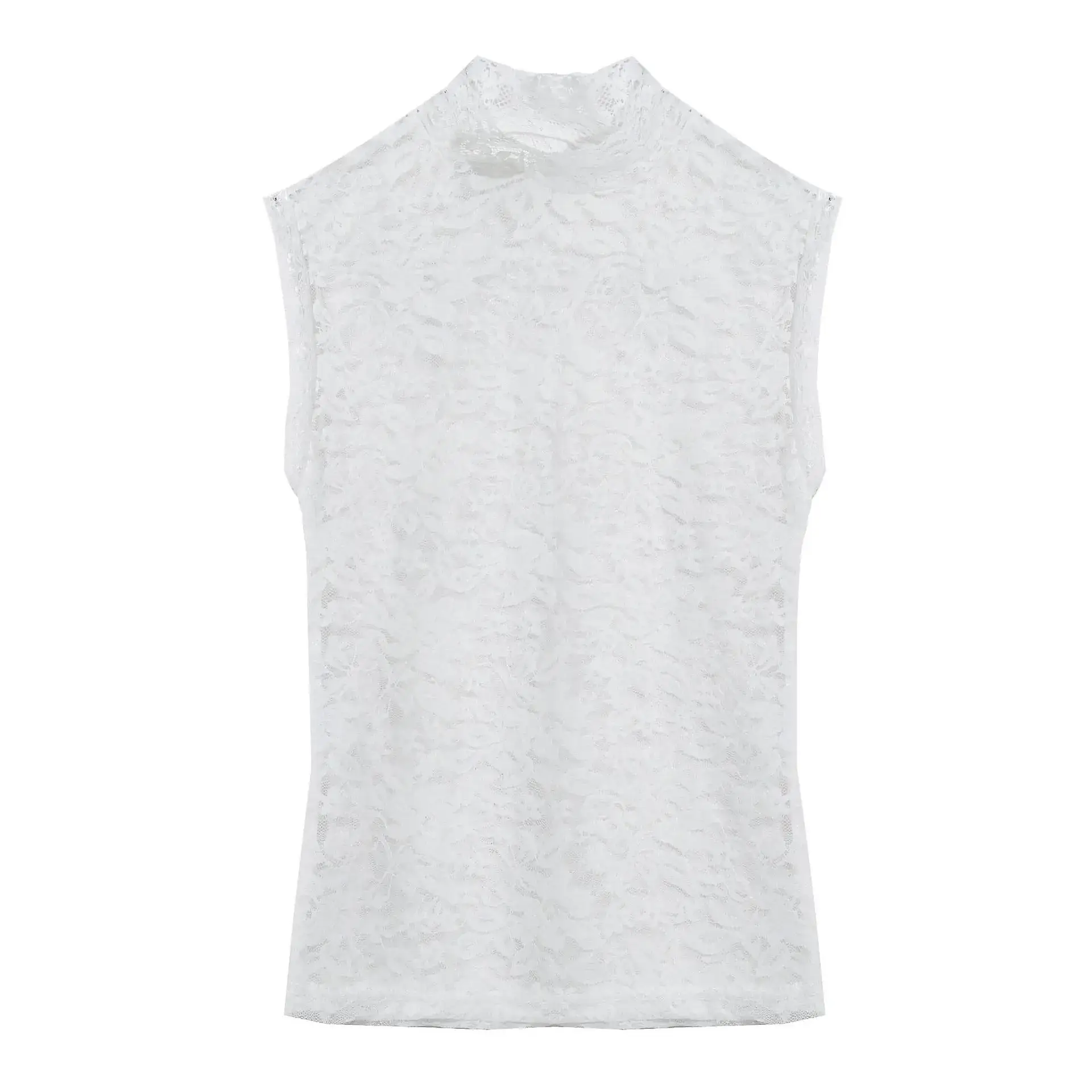 White Lace Half-High Collar Top for Women - Image 5