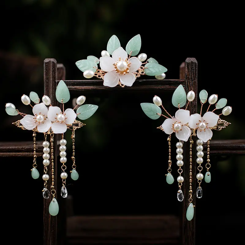 Ancient Style Hanfu Hairpins with Tassels & Crown Set - Image 3