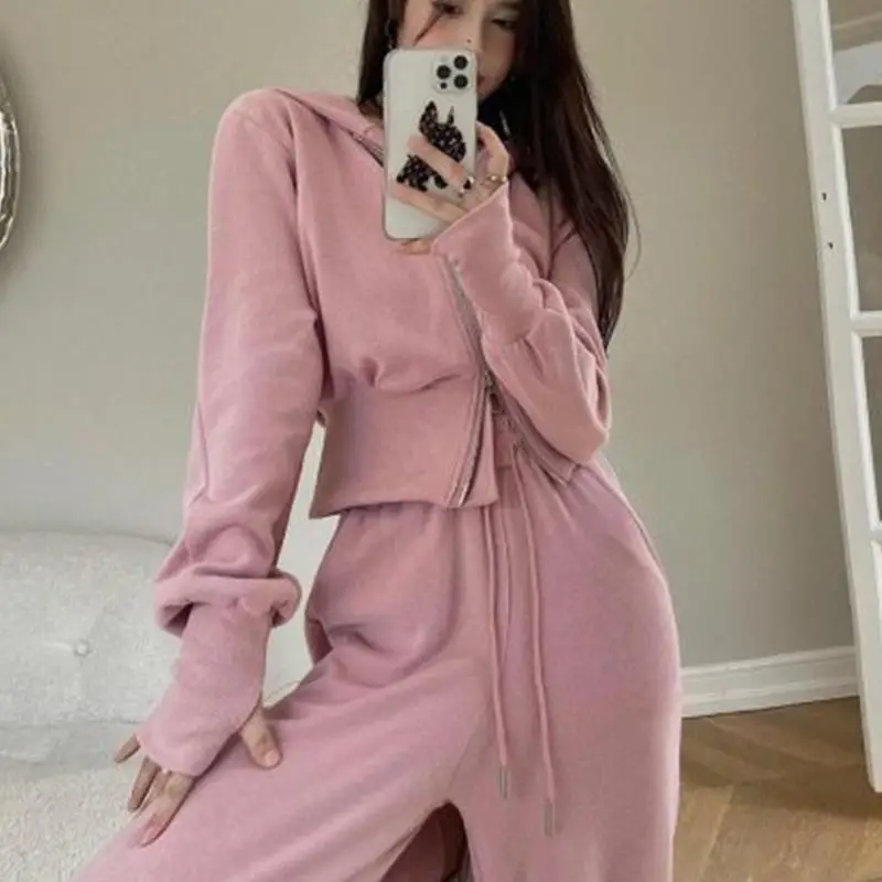 Women Pink Hooded Sweatshirt Set for Students - Image 2