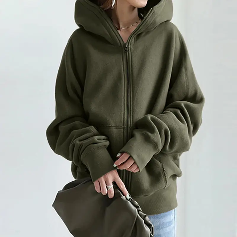 2023 New Women's Grey Hooded Sweatshirt Long Sleeve Zipper - Image 3