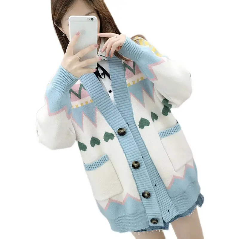 Women's Loose Knit Cardigan Jacket Light Blue White 2025 - Image 7