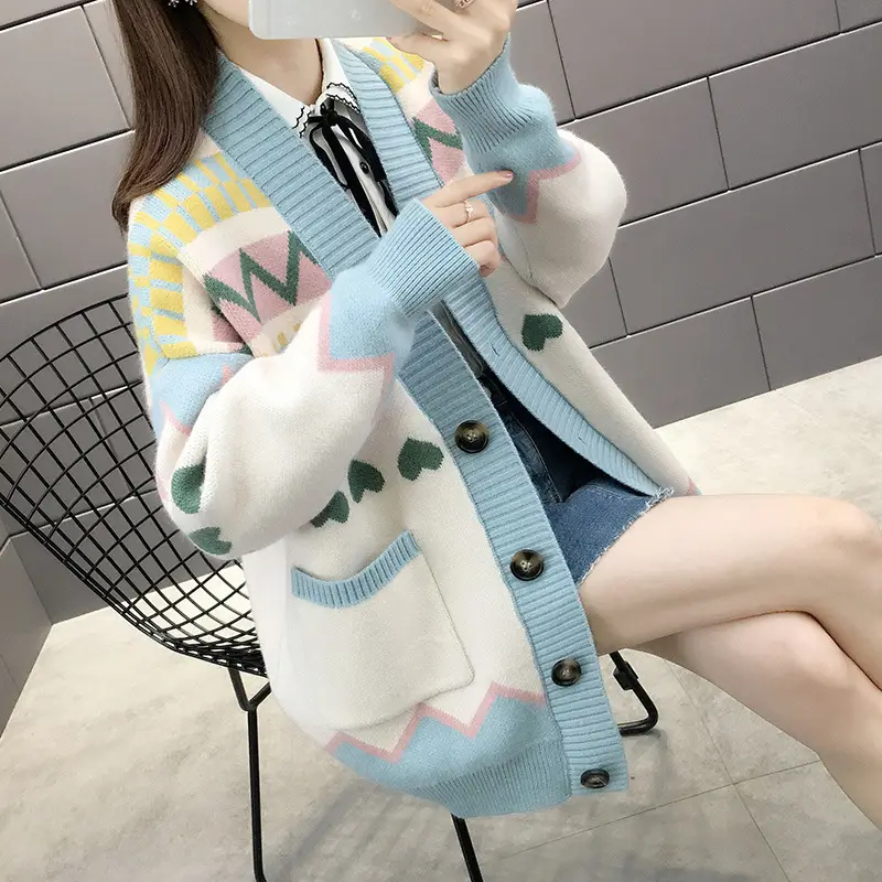 Women's Loose Knit Cardigan Jacket Light Blue White 2025 - Image 3
