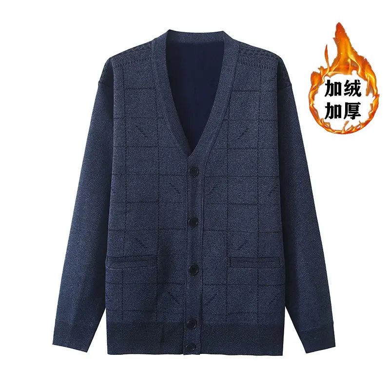 Men's Fleece Lined V-Neck Cardigan Coat Navy Blue - Image 11