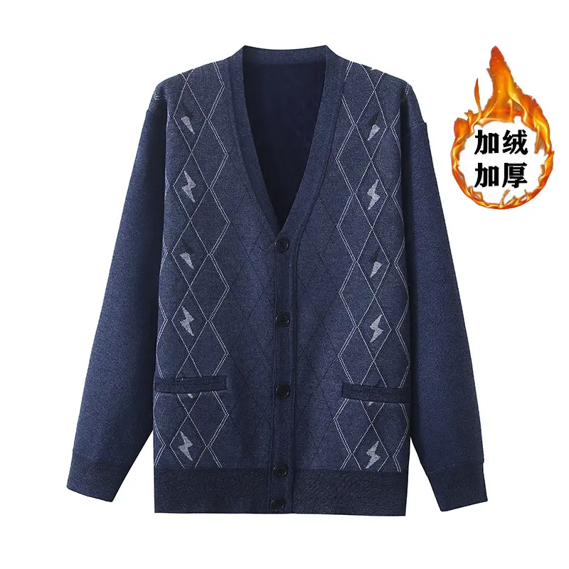 Men's Fleece Lined V-Neck Cardigan Coat Navy Blue - Image 7