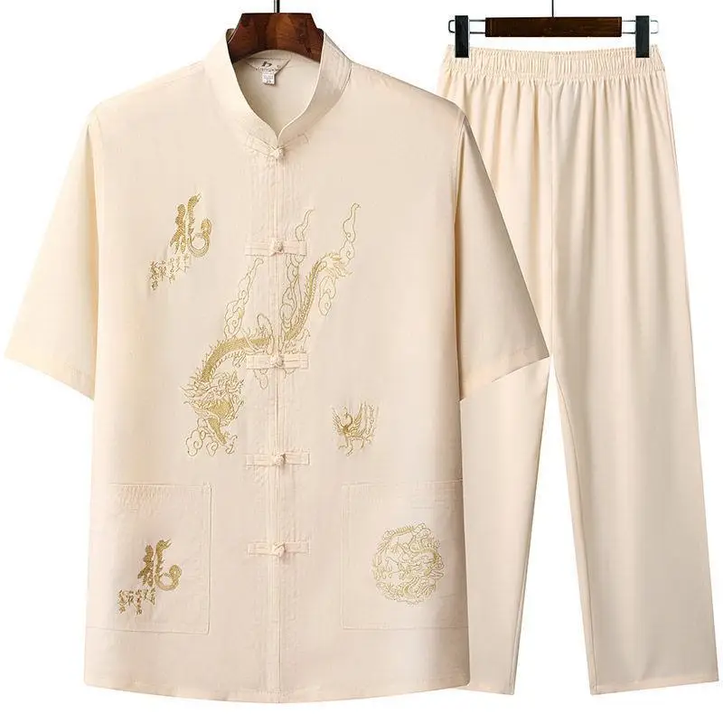 White Embroidered Tang Suit for Grandpa Summer Wear - Image 18