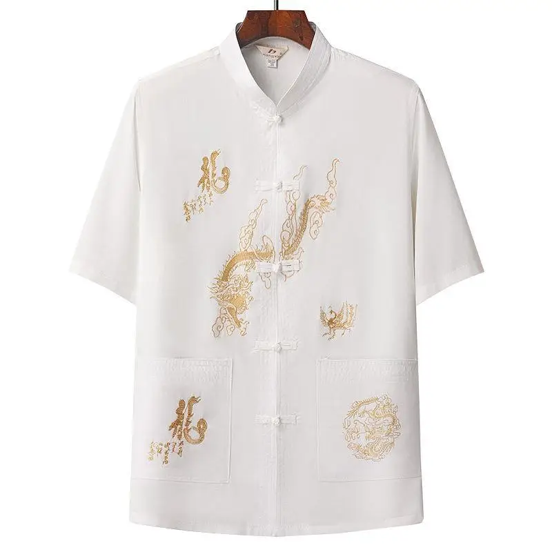 White Embroidered Tang Suit for Grandpa Summer Wear - Image 10