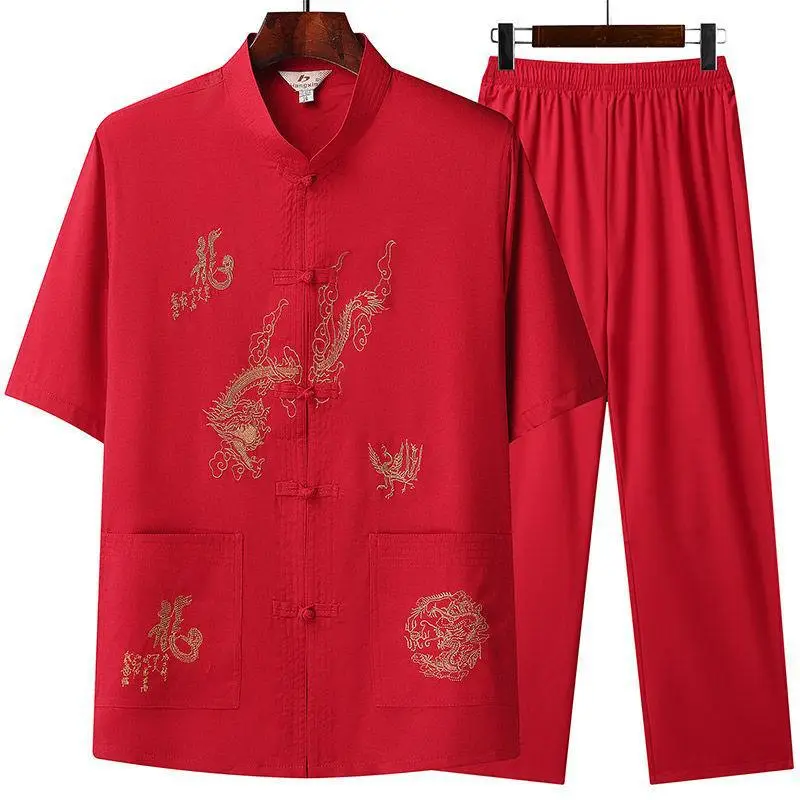White Embroidered Tang Suit for Grandpa Summer Wear - Image 4