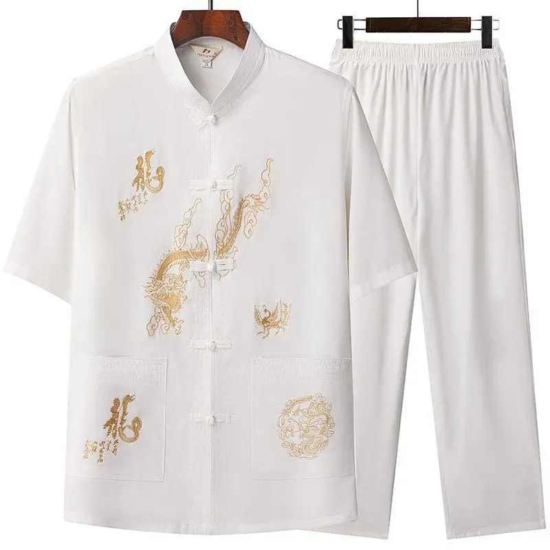 White Embroidered Tang Suit for Grandpa Summer Wear - Image 5