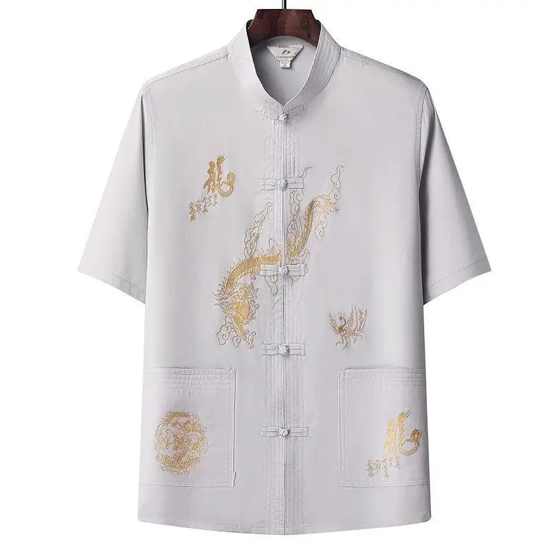 White Embroidered Tang Suit for Grandpa Summer Wear - Image 6