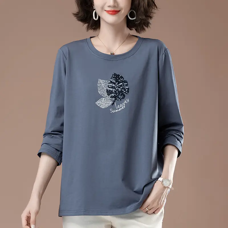 Women Navy Blue Graphic Long Sleeve T-Shirt