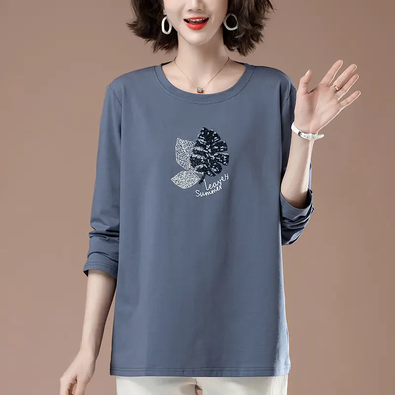Women Navy Blue Graphic Long Sleeve T-Shirt