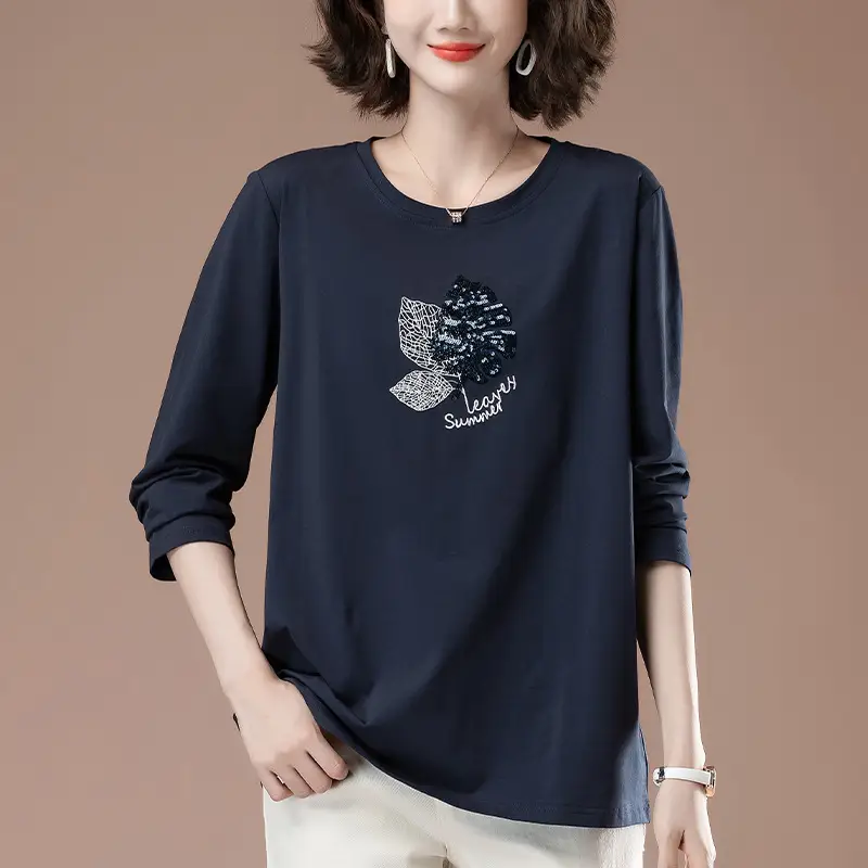 Women Navy Blue Graphic Long Sleeve T-Shirt
