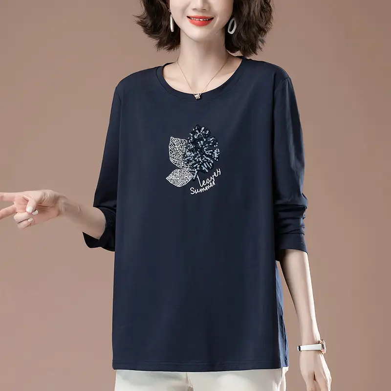 Women Navy Blue Graphic Long Sleeve T-Shirt