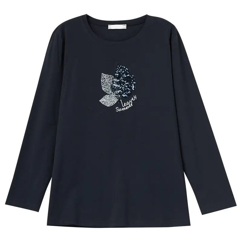 Women Navy Blue Graphic Long Sleeve T-Shirt