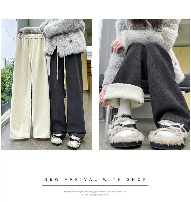 Chenille Fleece Lined Wide Leg Pants Women Winter Warm — feature 19
