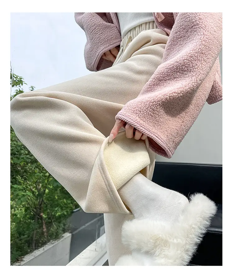 Chenille Fleece Lined Wide Leg Pants Women Winter Warm — feature 32
