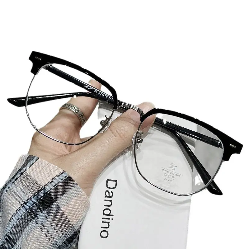 Men Retro Half Frame Anti-Blue Ray Glasses Black Silver - Image 11