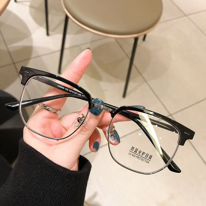 Men Retro Half Frame Anti-Blue Ray Glasses Black Silver - Image 6