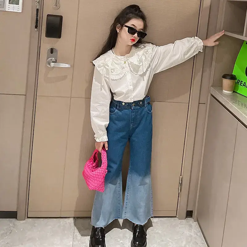 Girls' White Lace Shirt Blue Jeans 2022 Suit - Image 3
