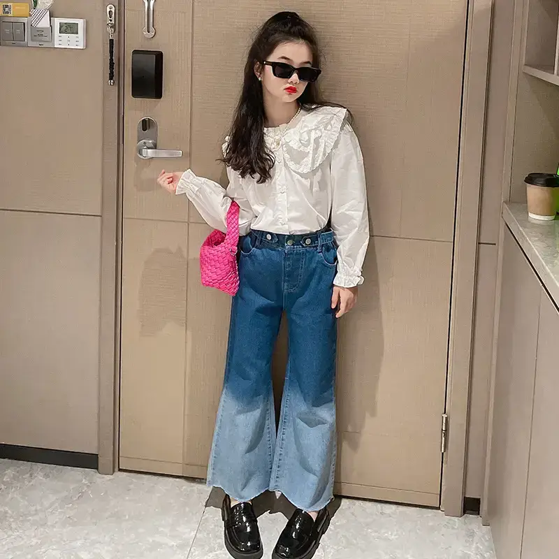Girls' White Lace Shirt Blue Jeans 2022 Suit - Image 4