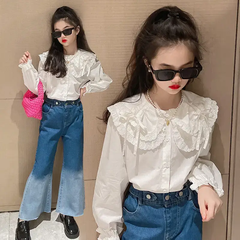 Girls' White Lace Shirt Blue Jeans 2022 Suit - Image 5