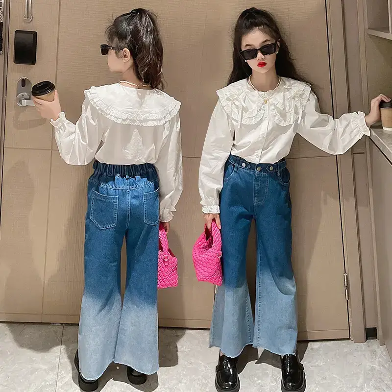 Girls' White Lace Shirt Blue Jeans 2022 Suit - Image 6
