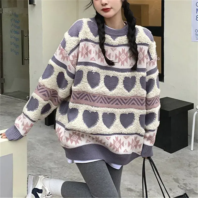Women's Jacquard Love Sweater Long Sleeve Coat