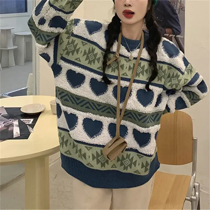 Women's Jacquard Love Sweater Long Sleeve Coat