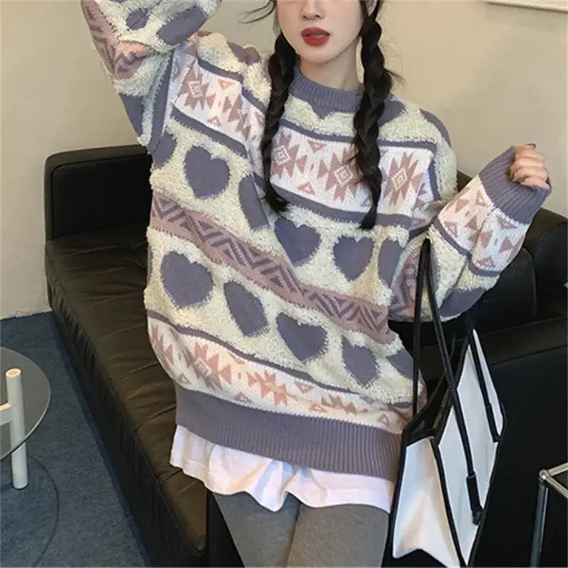 Women's Jacquard Love Sweater Long Sleeve Coat