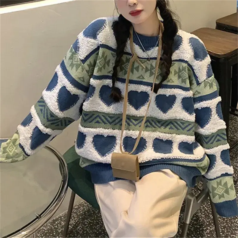 Women's Jacquard Love Sweater Long Sleeve Coat